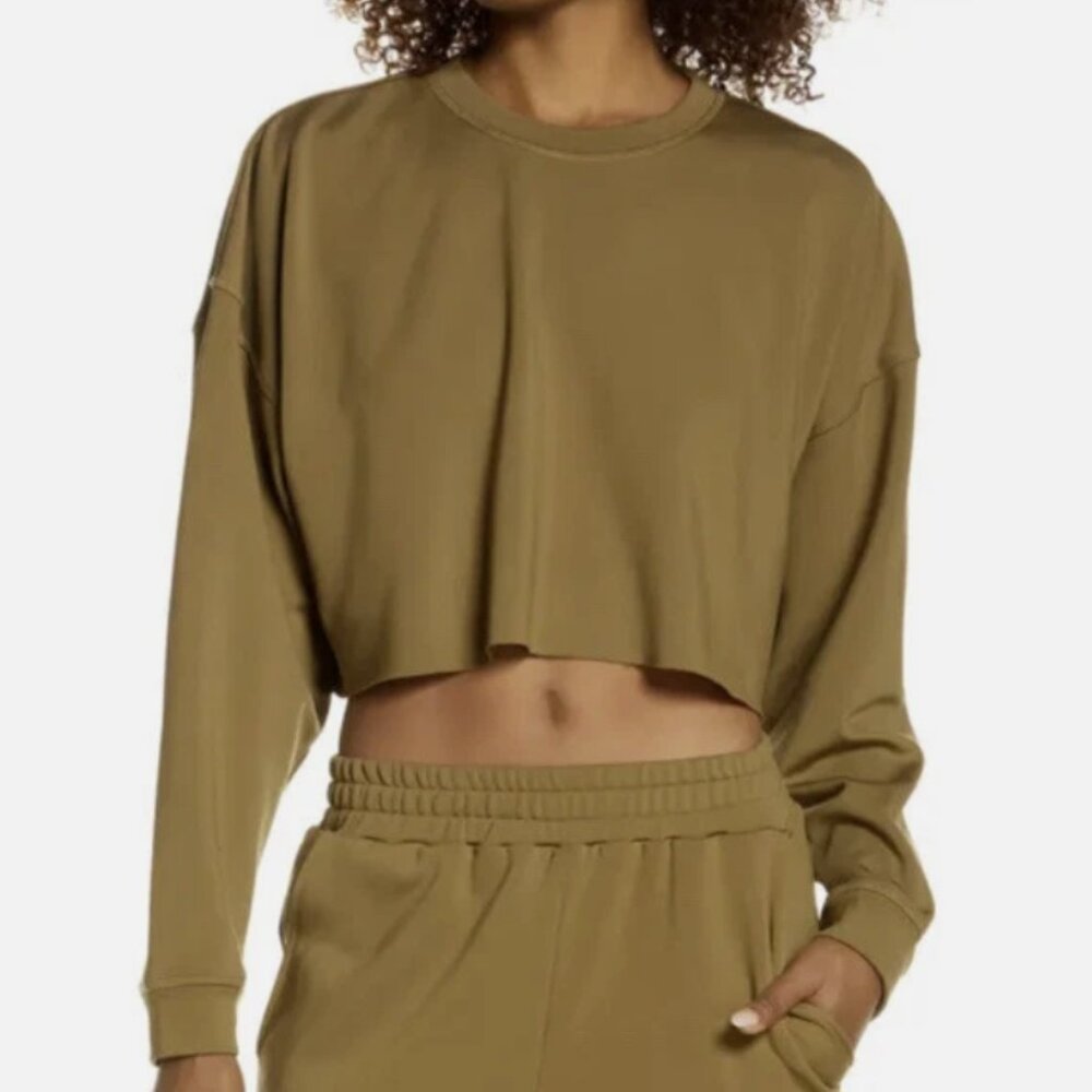 WeWoreWhat Medium Tan Cream Crop Sweatshirt Crewneck Relaxed Oversized Comfy